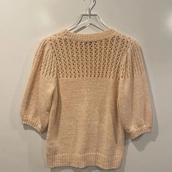 Joie Open Knit Puff Sleeve Una Crewneck Sweater Melon Womens Size Large - Picture 3 of 5